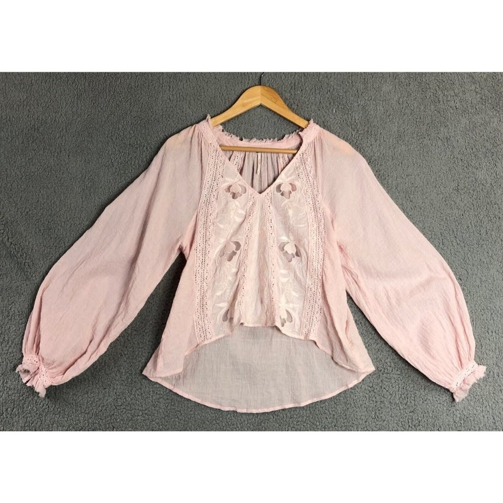 Free People Sivan Pink Embroidered Lace Puff Sleeve Pullover Blouse Size Small